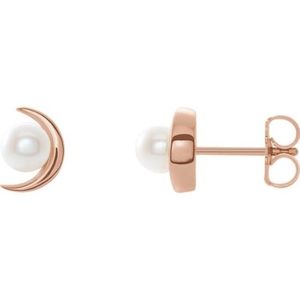 14k Rose Gold Pearl Crescent Moon Studs Earrings